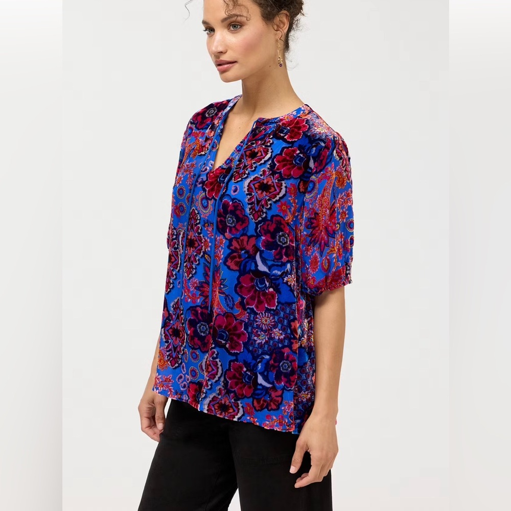 Johnny Was Floral Split-Neck Women’s Top in Royal Blue and Red Burnout. L. NWT.